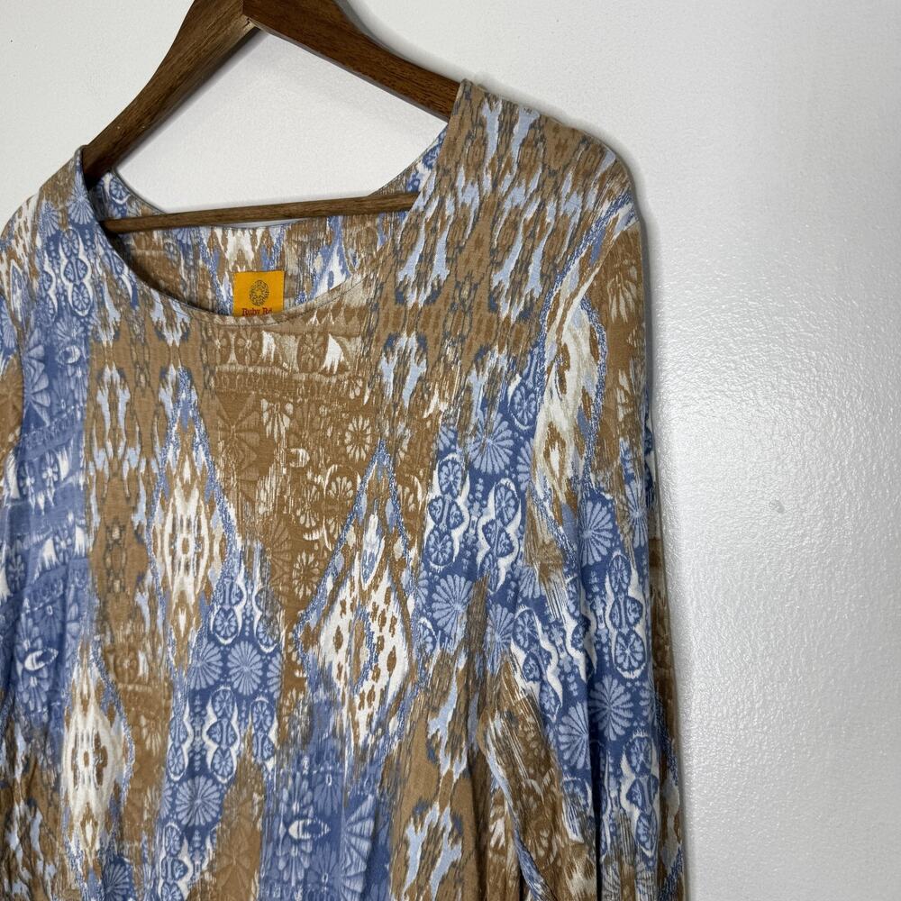 Ruby Rd Shirt Womens Large Blue Brown Ikat Print 3/4 Sleeve Tunic Top Boho